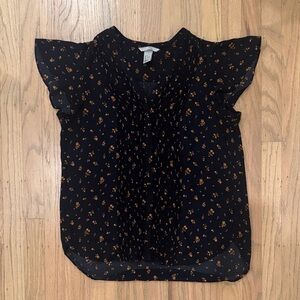 H&M Black Flutter Sleeve Blouse with Mustard Floral Print